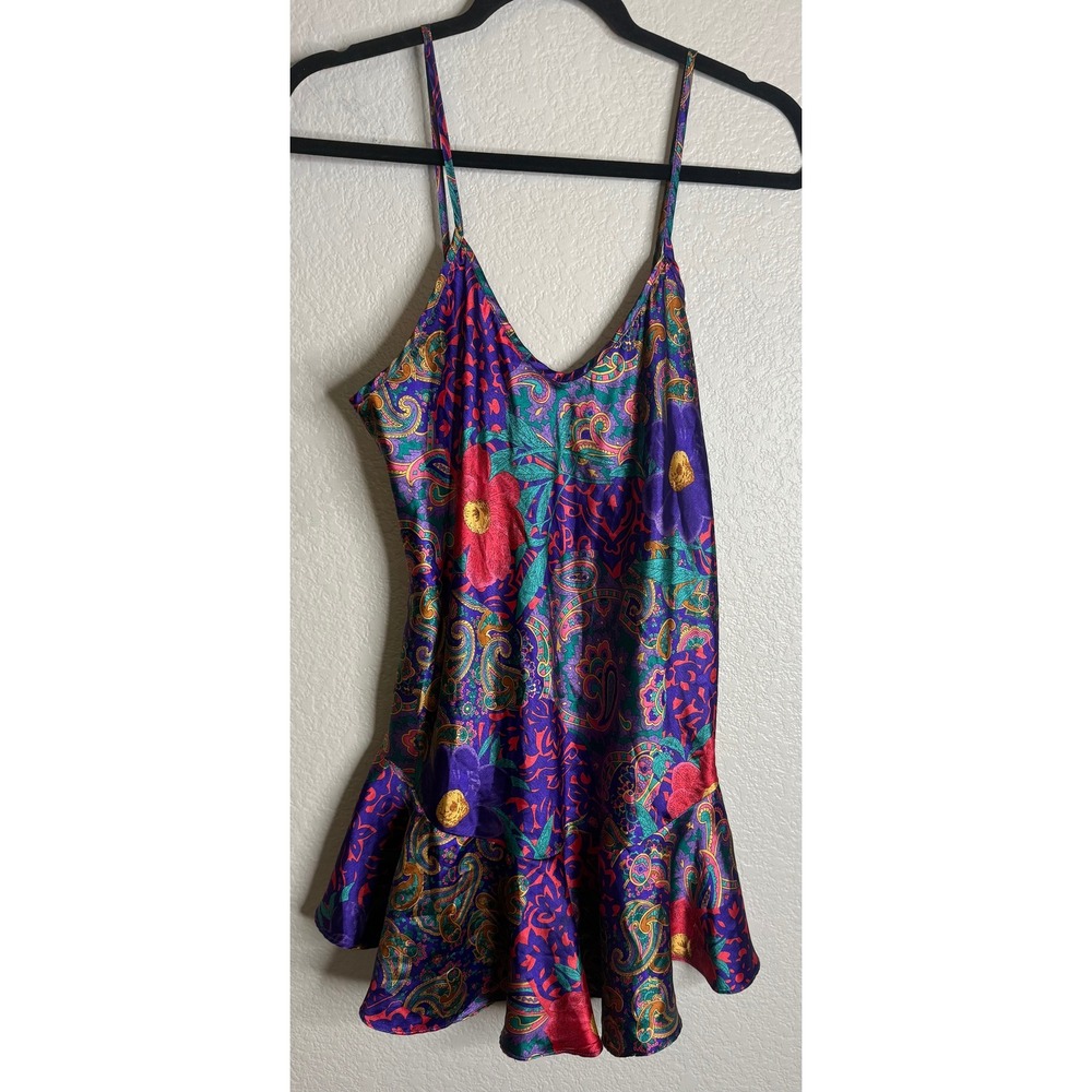 California Miss Womens M Purple Paisley Floral Satin Chemise Slip Dress‎ Ruffles